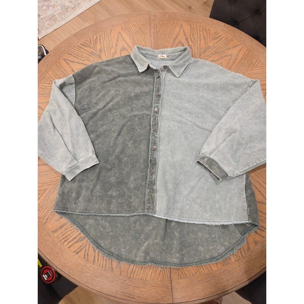 POL Oversized Colorblock Corduroy Shacket Raw Hem Sage Grey M Cottagecore